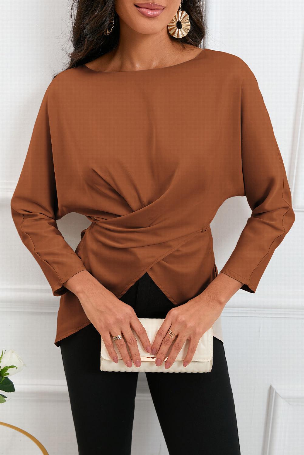 Boat Neck Back Tie Long Sleeve Satin Blouse BLUE ZONE PLANET