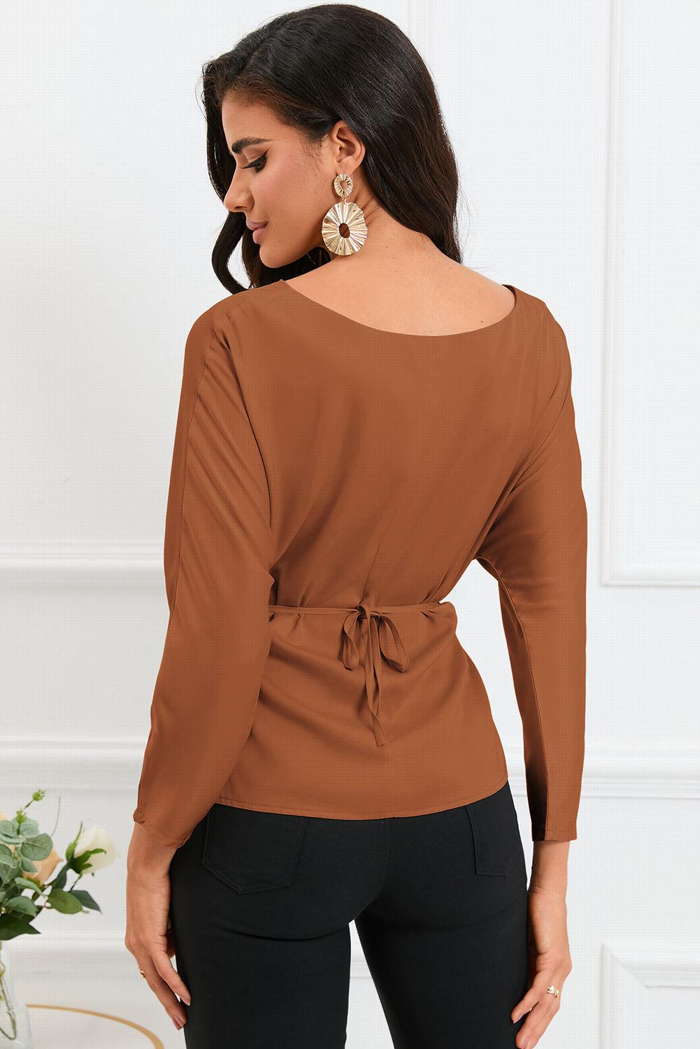 Boat Neck Back Tie Long Sleeve Satin Blouse BLUE ZONE PLANET