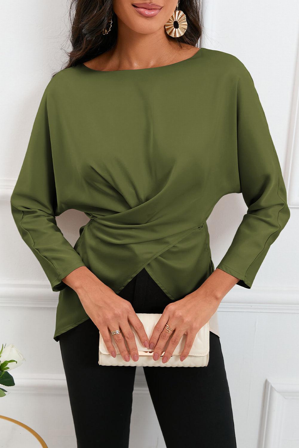 Boat Neck Back Tie Long Sleeve Satin Blouse BLUE ZONE PLANET