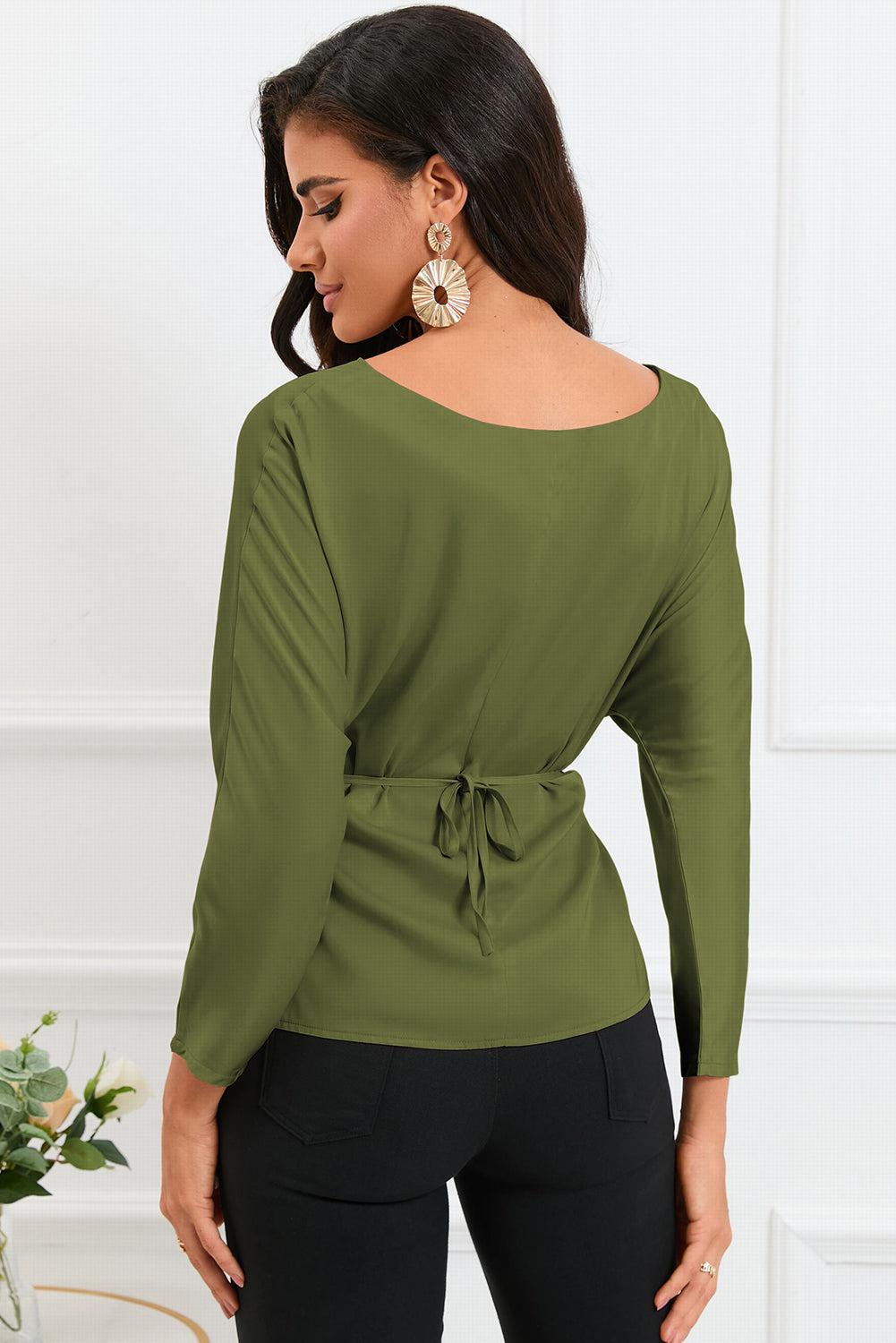 Boat Neck Back Tie Long Sleeve Satin Blouse BLUE ZONE PLANET