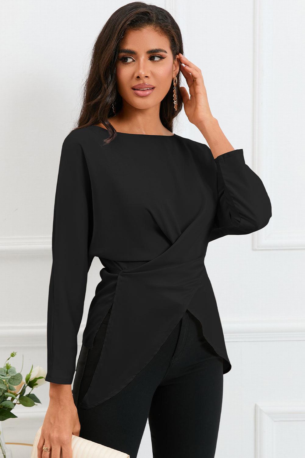Boat Neck Back Tie Long Sleeve Satin Blouse BLUE ZONE PLANET