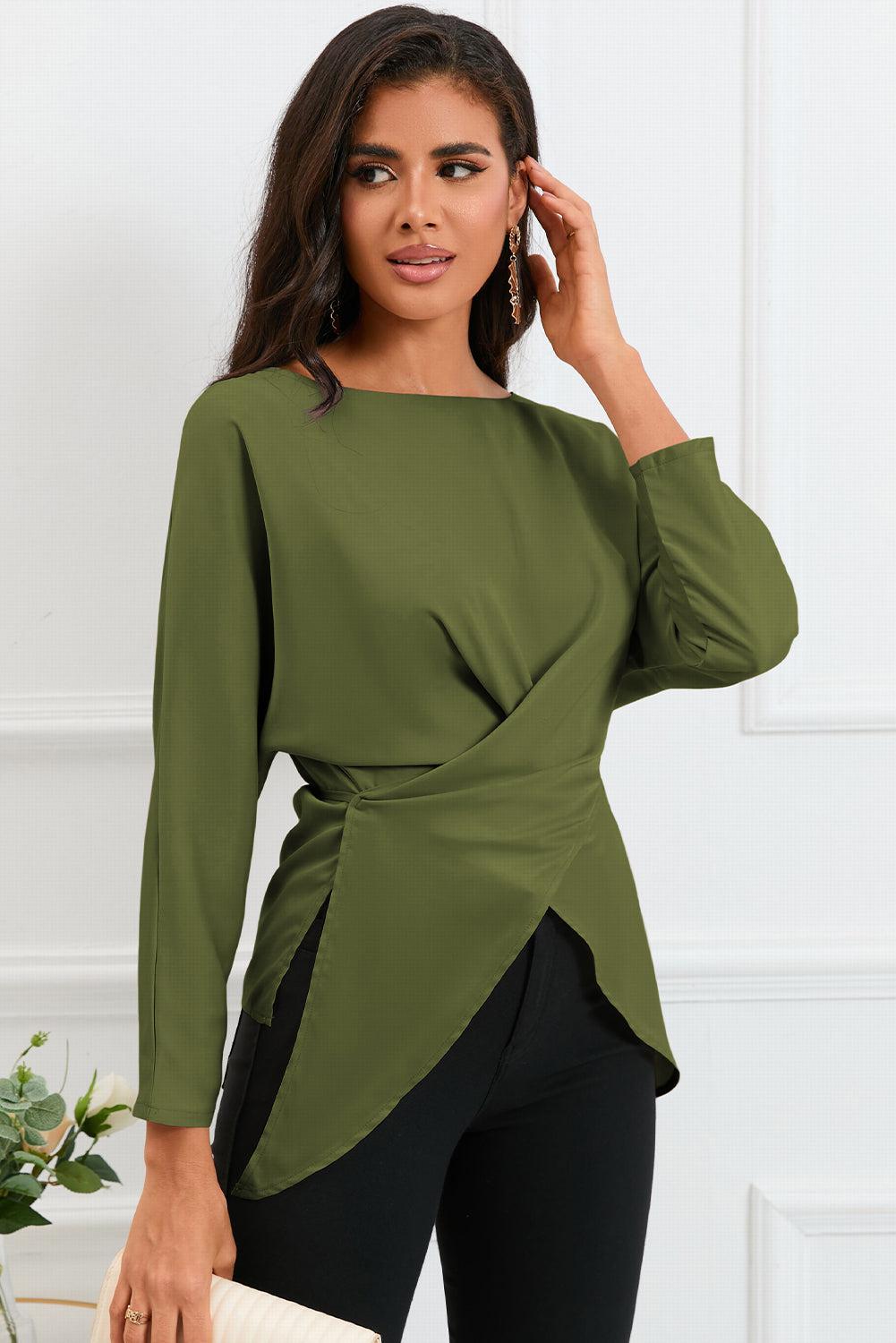 Boat Neck Back Tie Long Sleeve Satin Blouse BLUE ZONE PLANET