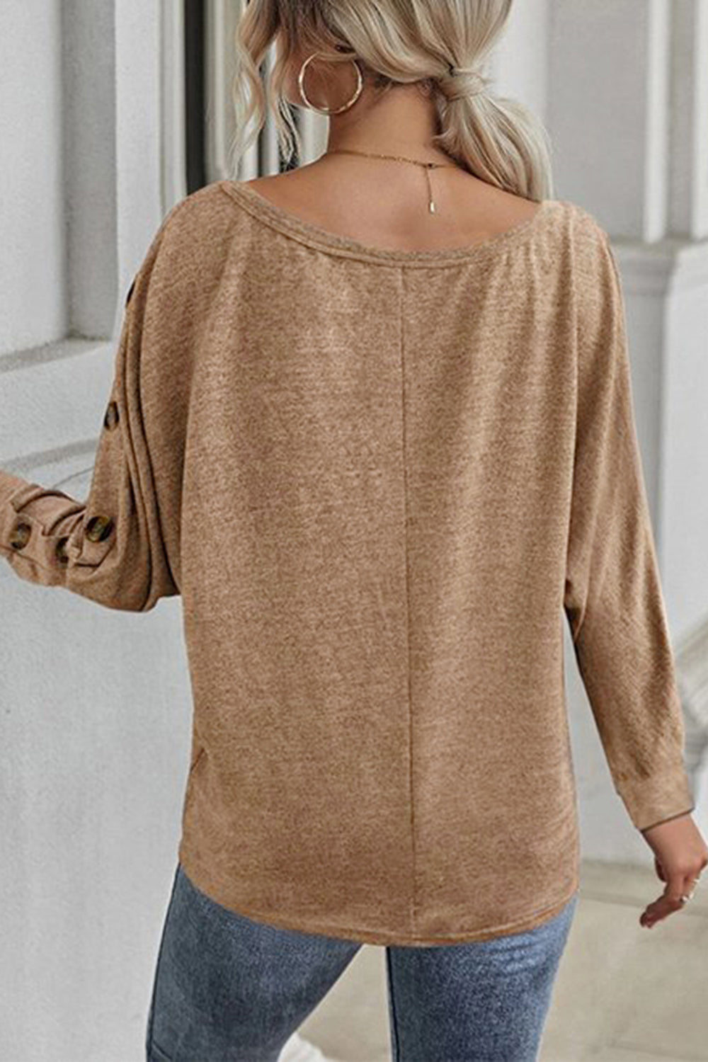 Boat Neck Buttoned Long Sleeve T-Shirt BLUE ZONE PLANET