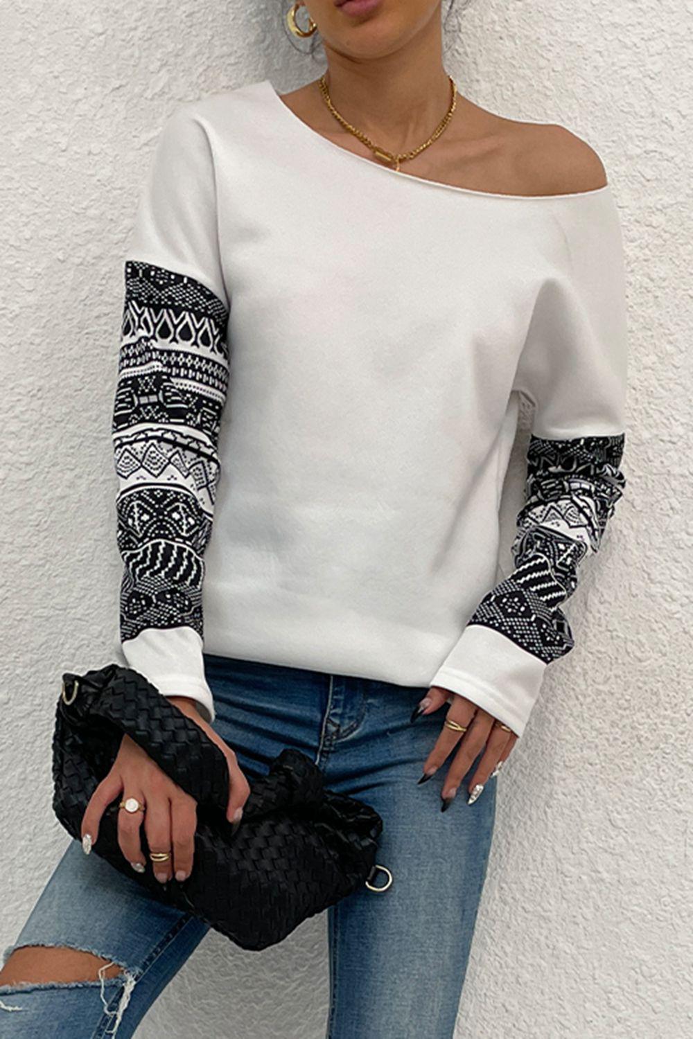 Boat neck outlet long sleeve blouse