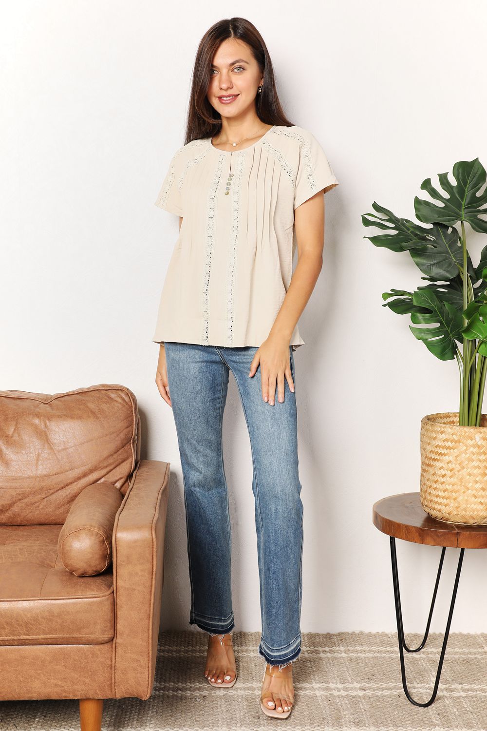Bohemian Double Take Crochet Buttoned Short Sleeves Top BLUE ZONE PLANET