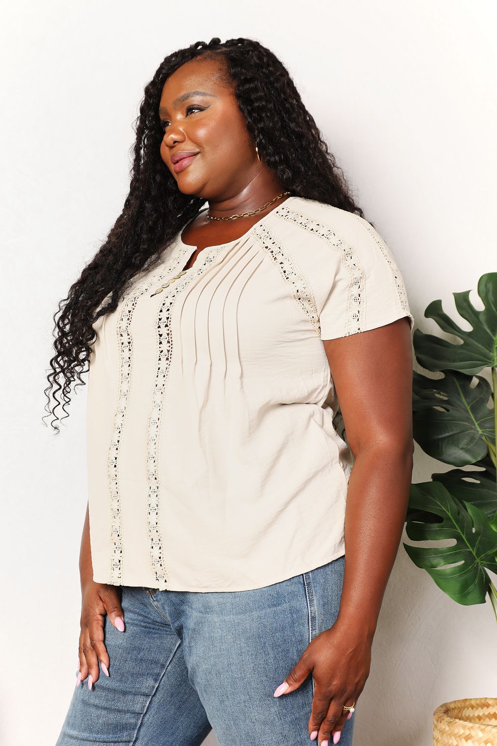 Bohemian Double Take Crochet Buttoned Short Sleeves Top BLUE ZONE PLANET