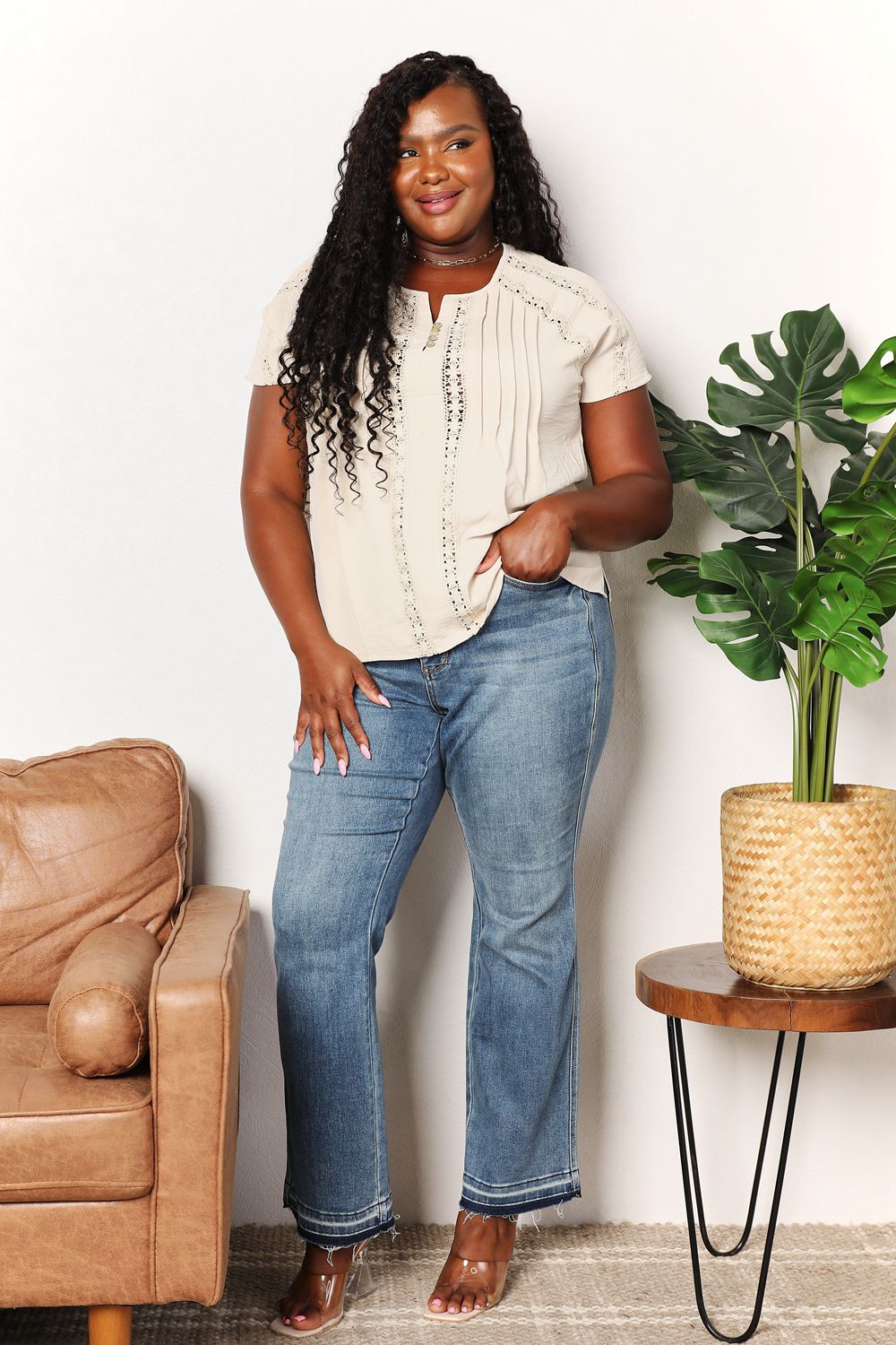 Bohemian Double Take Crochet Buttoned Short Sleeves Top BLUE ZONE PLANET