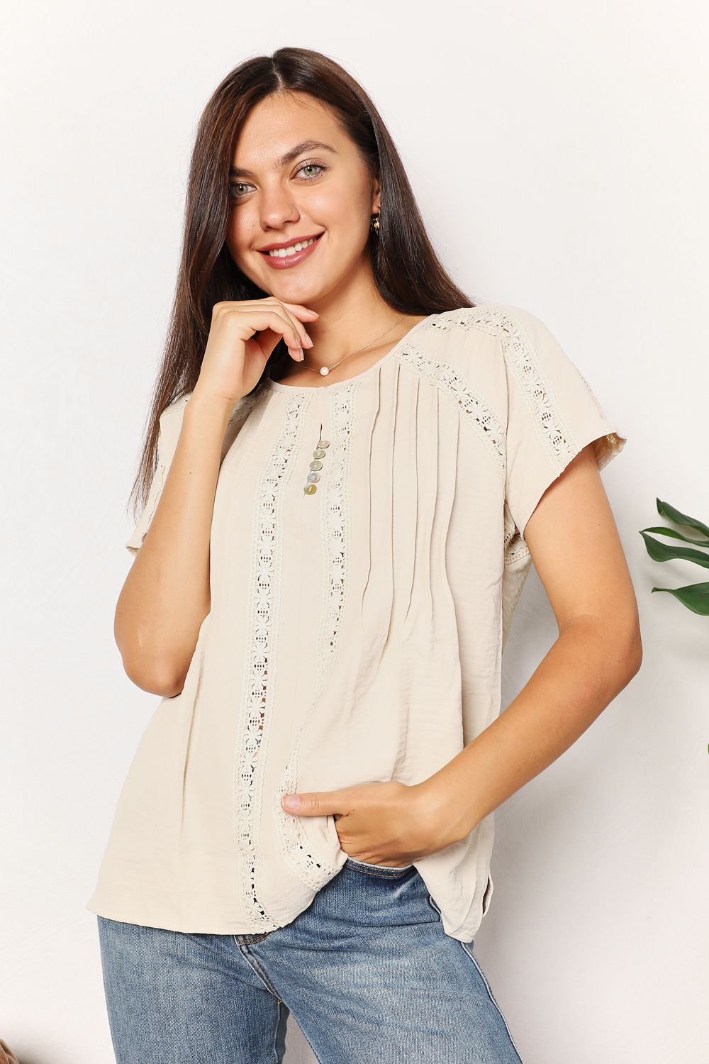 Bohemian Double Take Crochet Buttoned Short Sleeves Top BLUE ZONE PLANET
