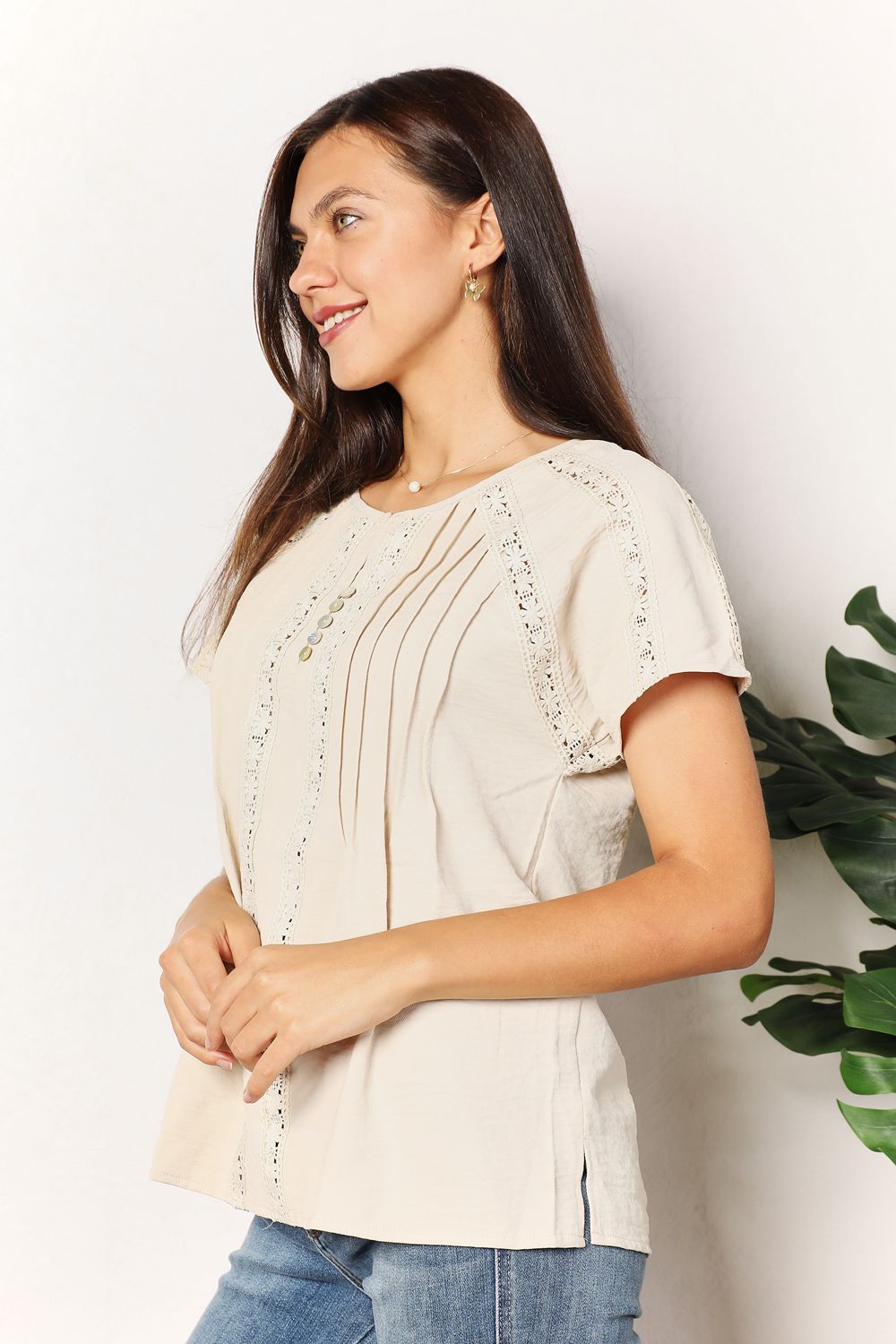 Bohemian Double Take Crochet Buttoned Short Sleeves Top BLUE ZONE PLANET