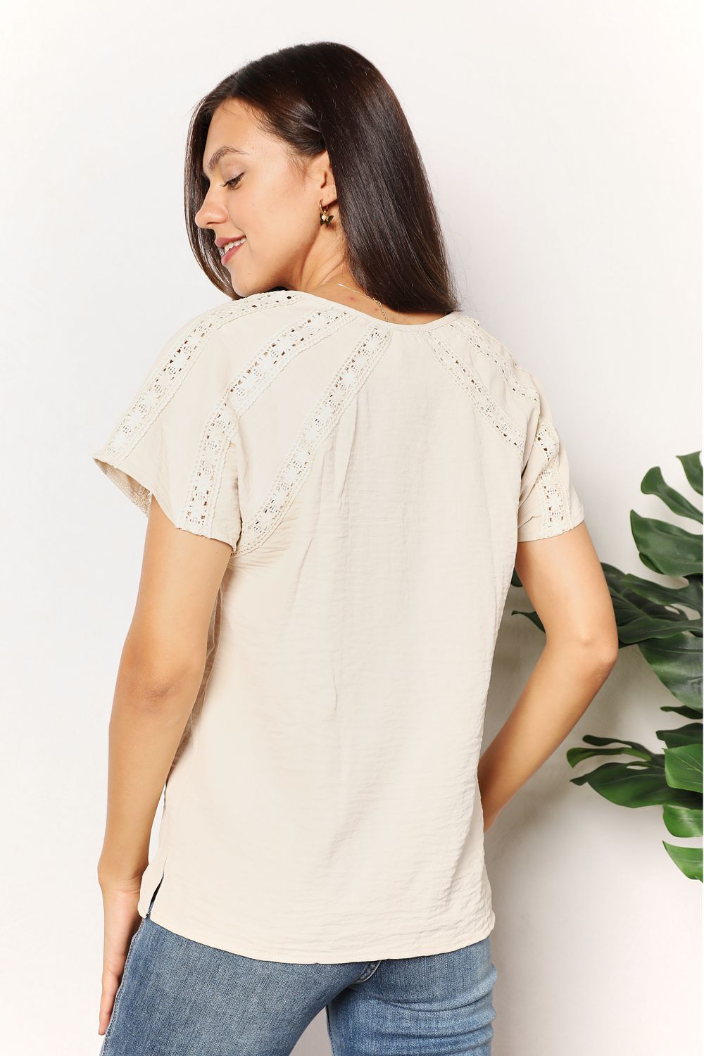 Bohemian Double Take Crochet Buttoned Short Sleeves Top BLUE ZONE PLANET