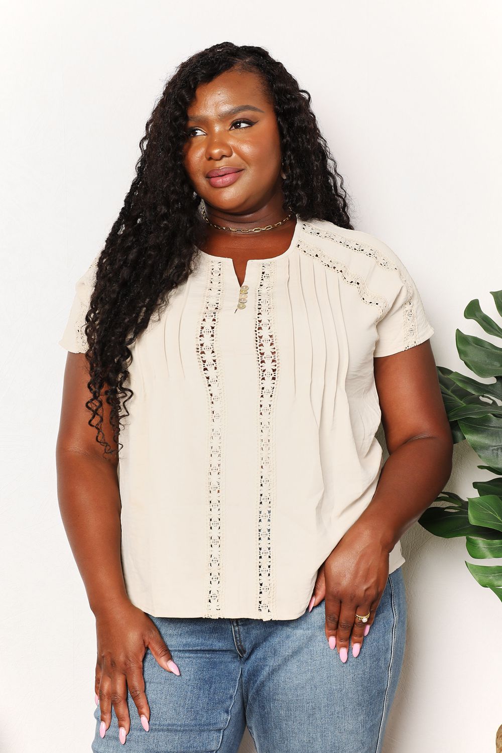 Bohemian Double Take Crochet Buttoned Short Sleeves Top BLUE ZONE PLANET