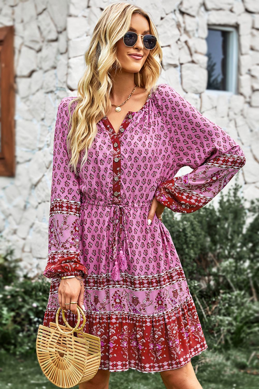 Bohemian Drawstring Waist Balloon Sleeve A-Line Dress