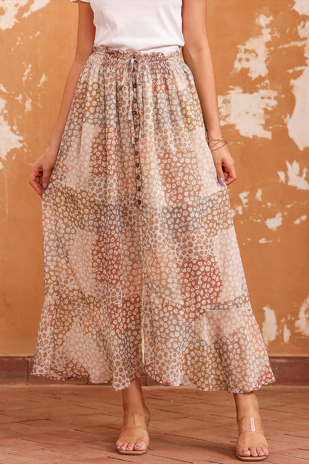 Bohemian Floral Buttoned Front Slit Skirt BLUE ZONE PLANET