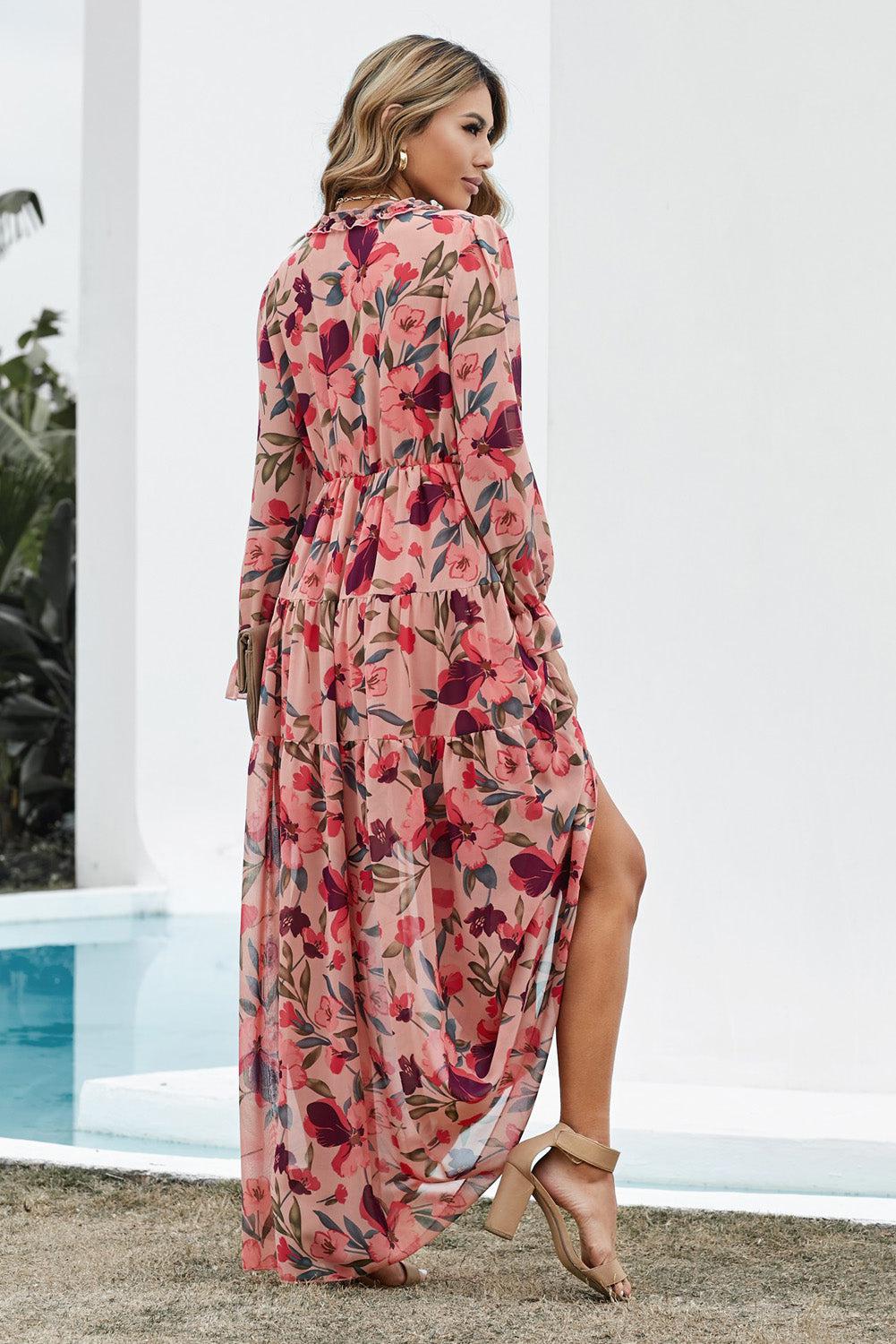 Bohemian Floral Frill Trim Flounce Sleeve Plunge Maxi Dress BLUE ZONE PLANET