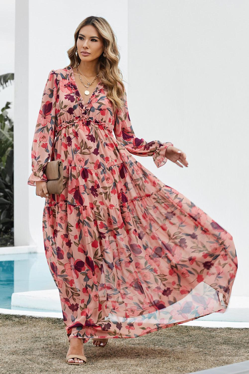 Bohemian Floral Frill Trim Flounce Sleeve Plunge Maxi Dress BLUE ZONE PLANET