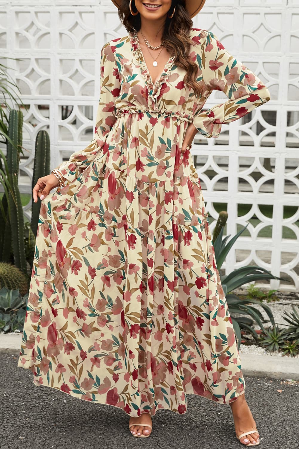 Bohemian Floral Frill Trim Flounce Sleeve Plunge Maxi Dress BLUE ZONE PLANET