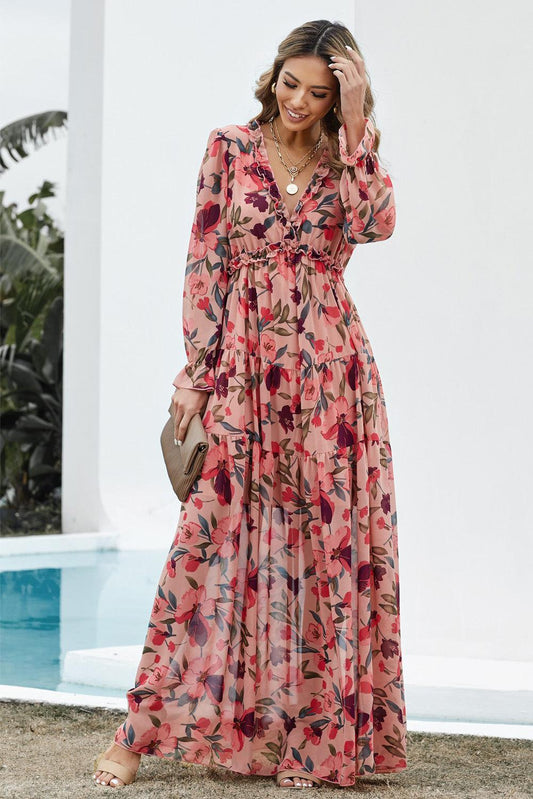 Bohemian Floral Frill Trim Flounce Sleeve Plunge Maxi Dress BLUE ZONE PLANET