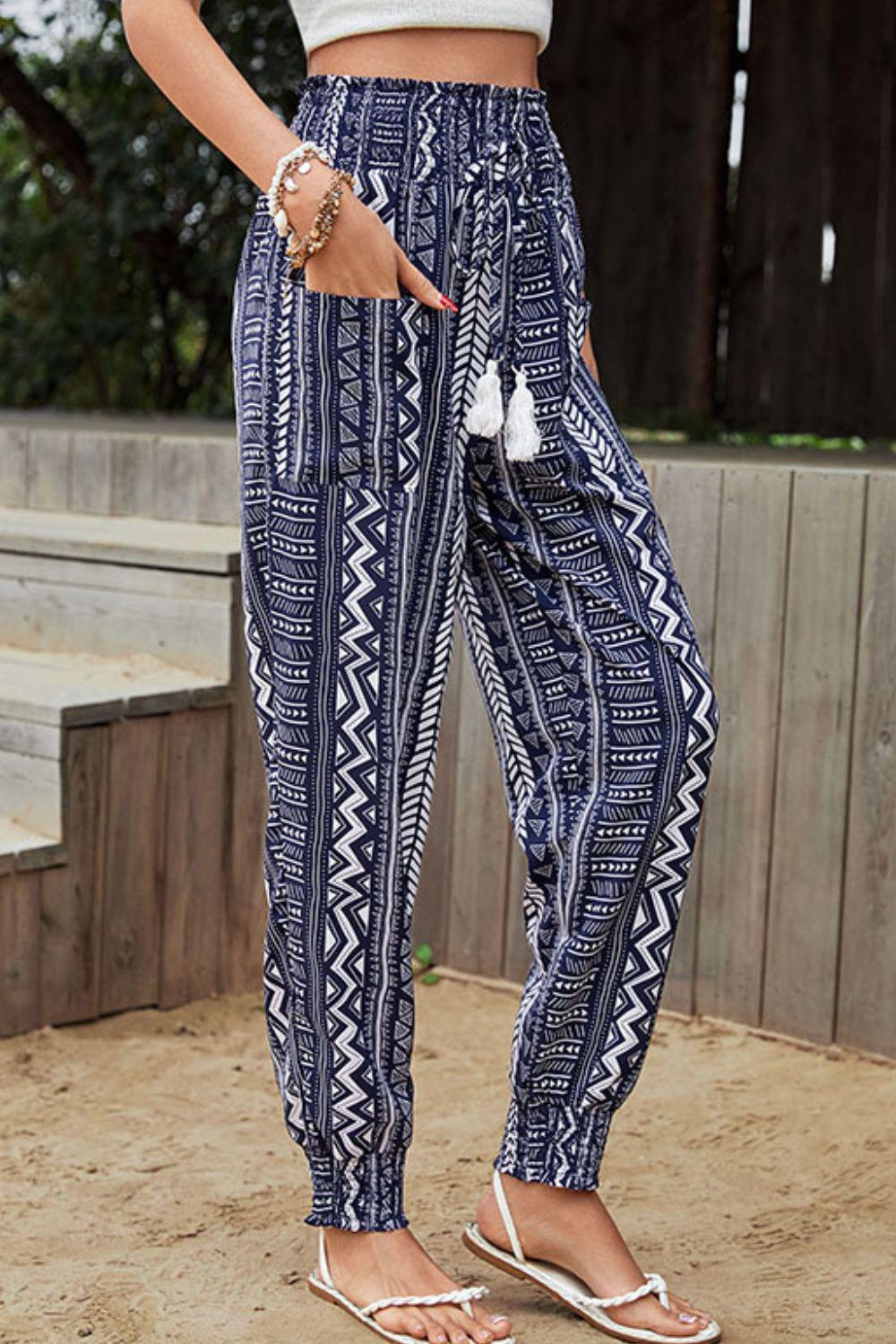 Bohemian Geometric Print Tassel High-Rise Pants BLUE ZONE PLANET