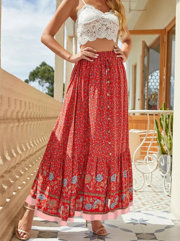 Bohemian Long Skirt Ethnic Print Elastic High Waist Tie Button Slit Holiday Travel Skirt kakaclo