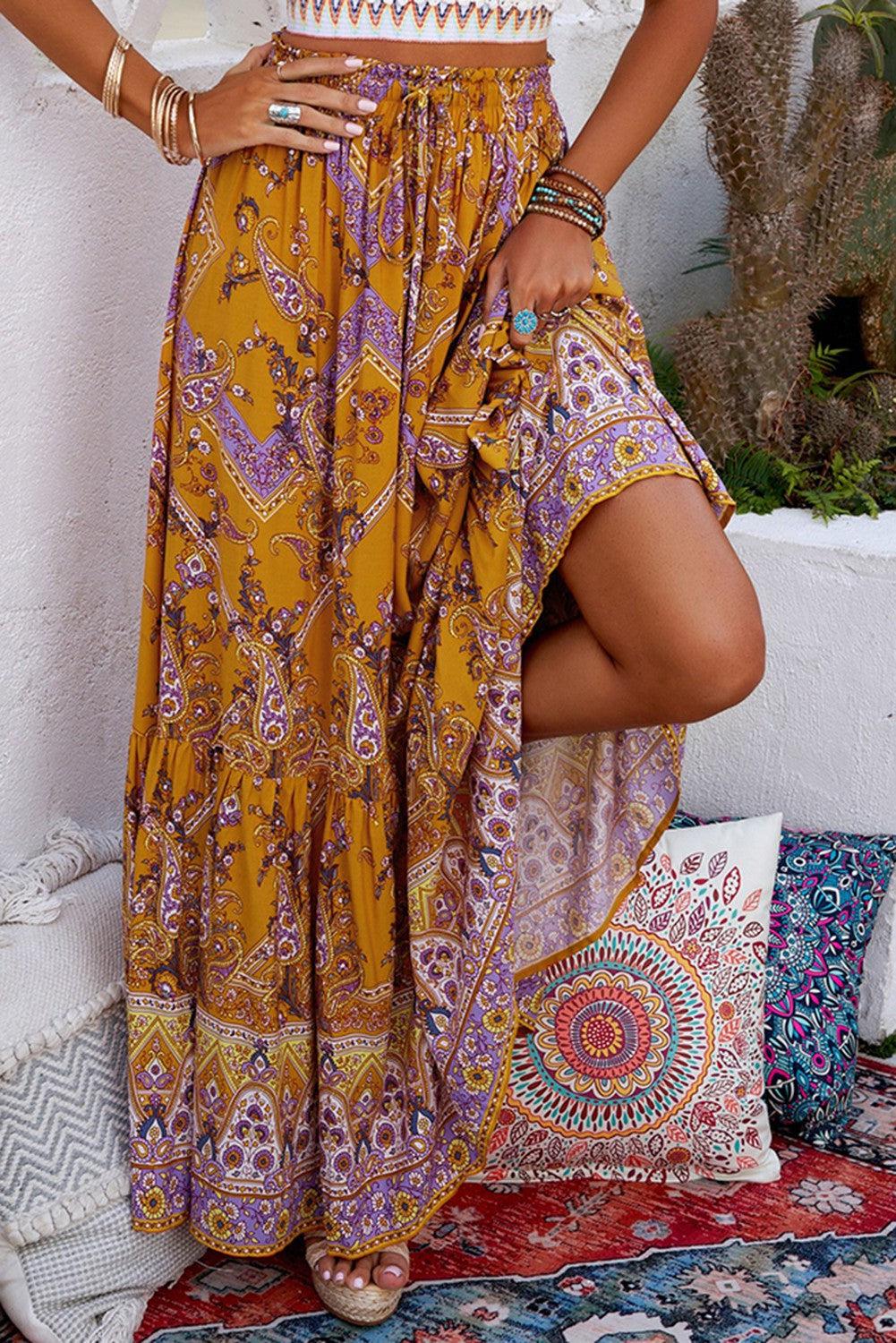 Bohemian Mixed Print Drawstring Waist Tiered Maxi Skirt BLUE ZONE PLANET