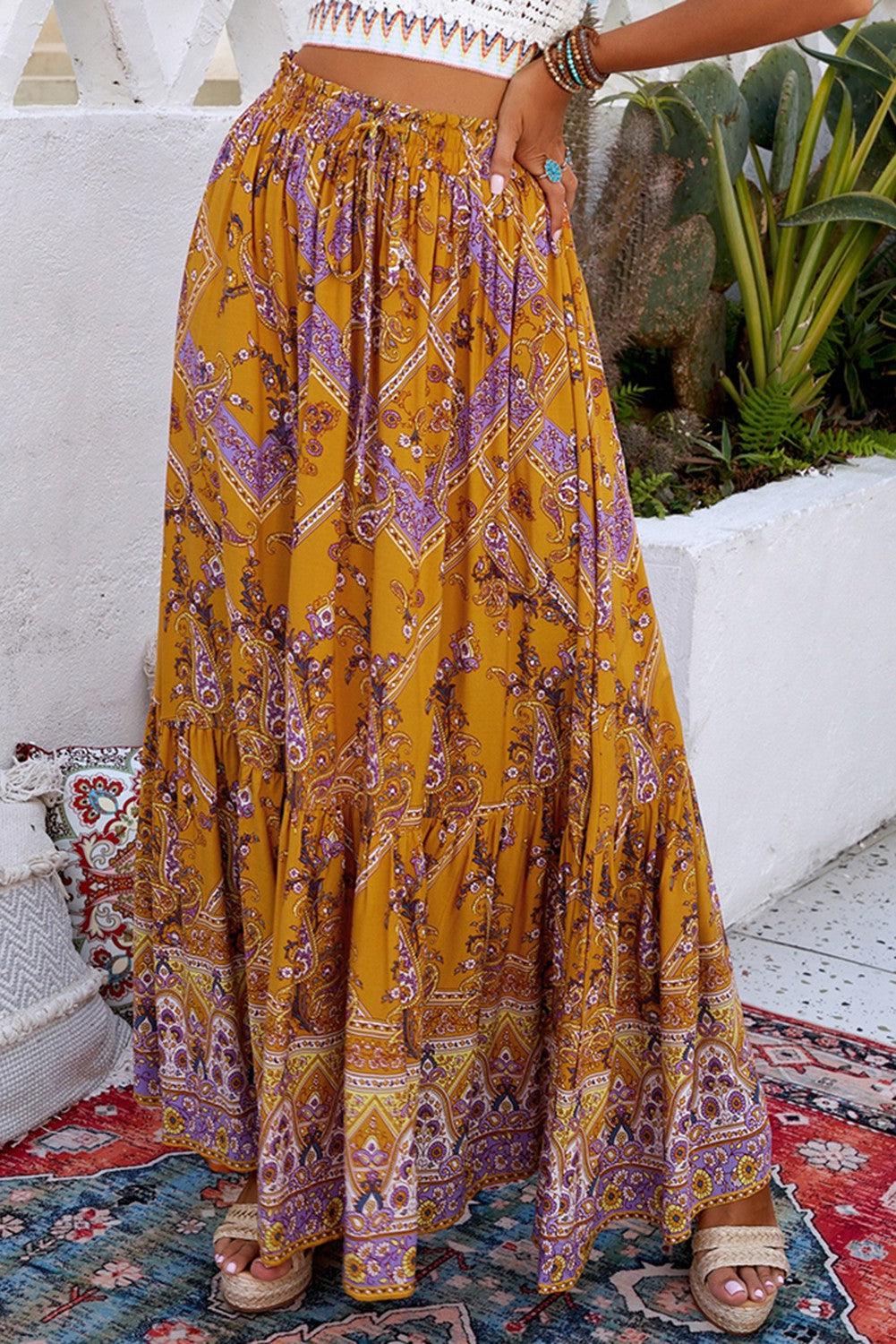 Bohemian Mixed Print Drawstring Waist Tiered Maxi Skirt BLUE ZONE PLANET