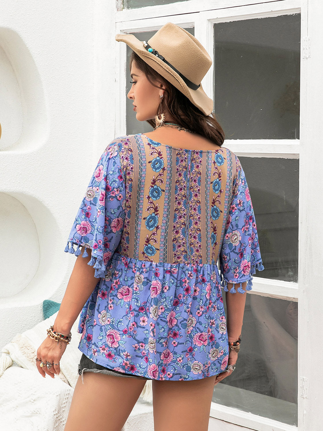 Bohemian Plus Size Printed V-Neck Half Sleeve Blouse BLUE ZONE PLANET