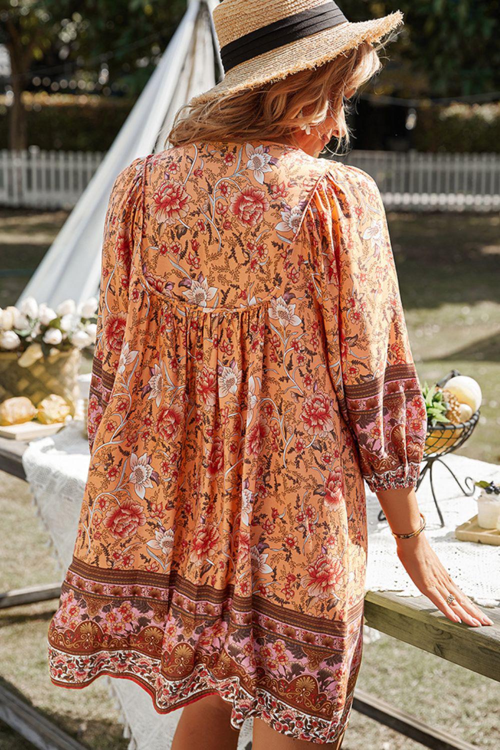 Bohemian Tie Neck Balloon Sleeve Dress BLUE ZONE PLANET