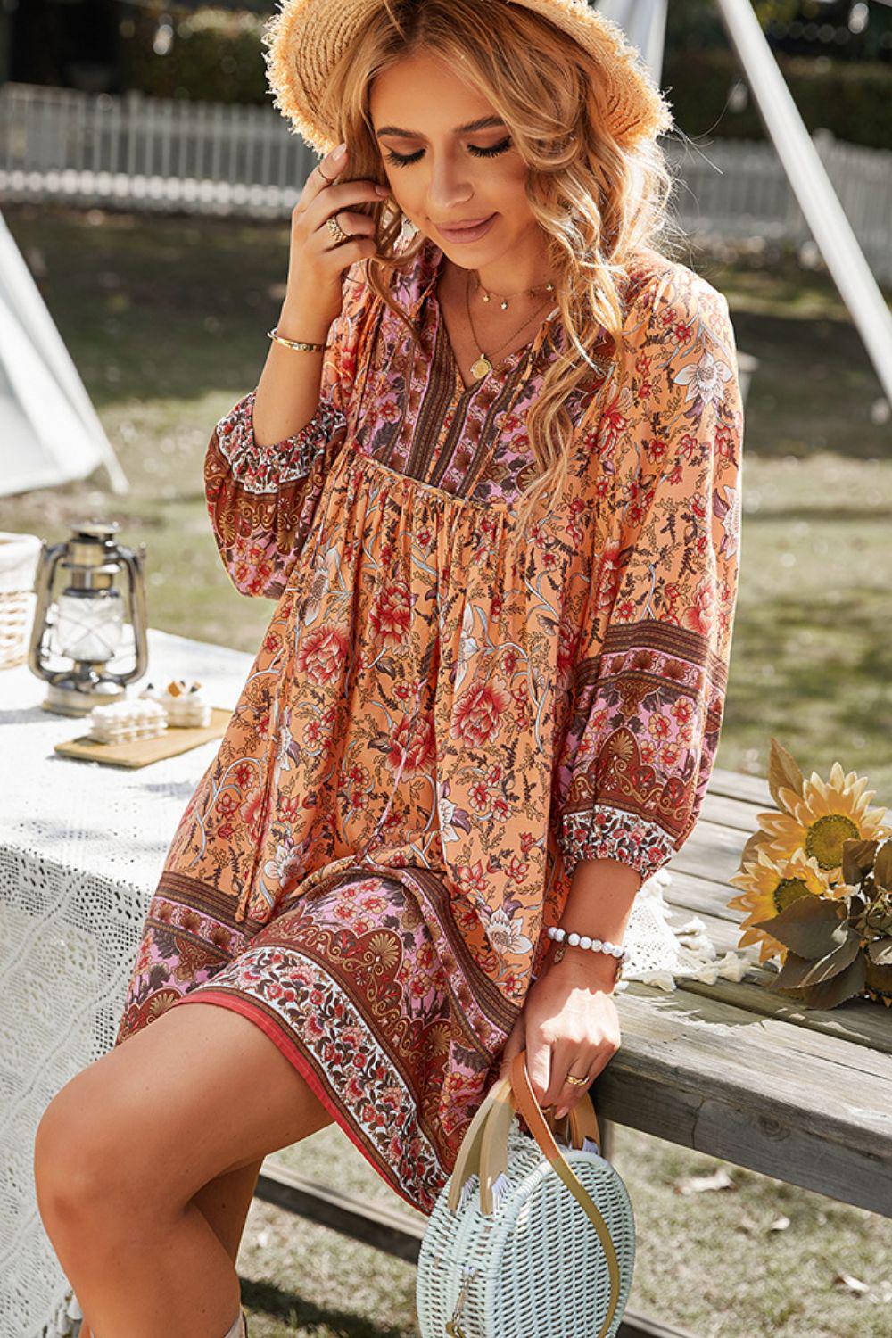 Bohemian Tie Neck Balloon Sleeve Dress BLUE ZONE PLANET