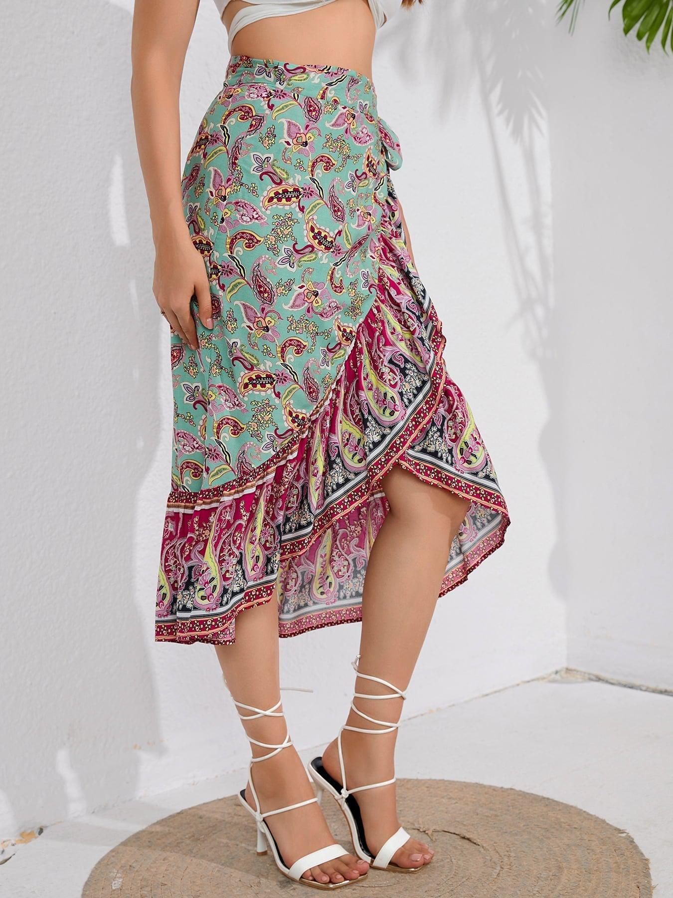 Bohemian Tie Waistband Flounce Hem Midi Skirt BLUE ZONE PLANET