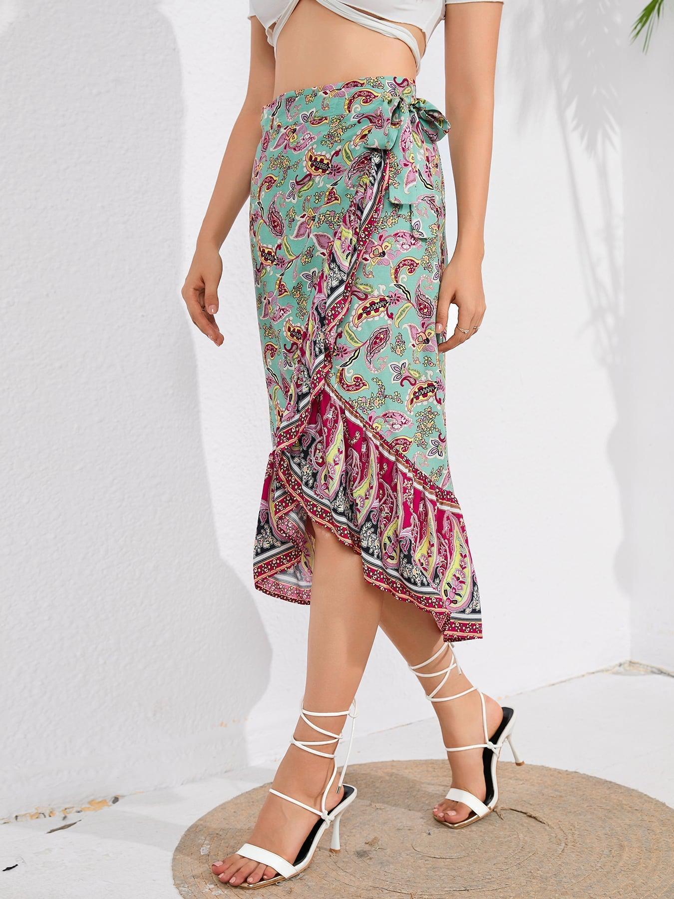 Bohemian Tie Waistband Flounce Hem Midi Skirt BLUE ZONE PLANET