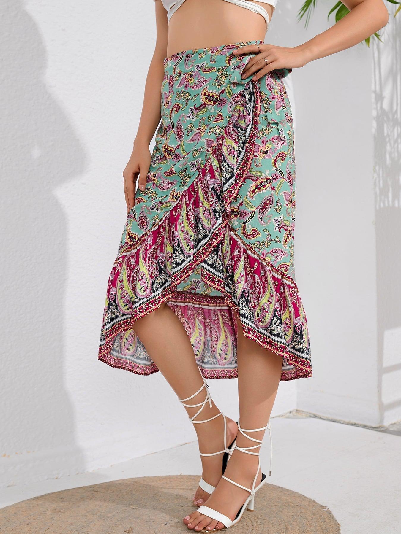 Bohemian Tie Waistband Flounce Hem Midi Skirt BLUE ZONE PLANET