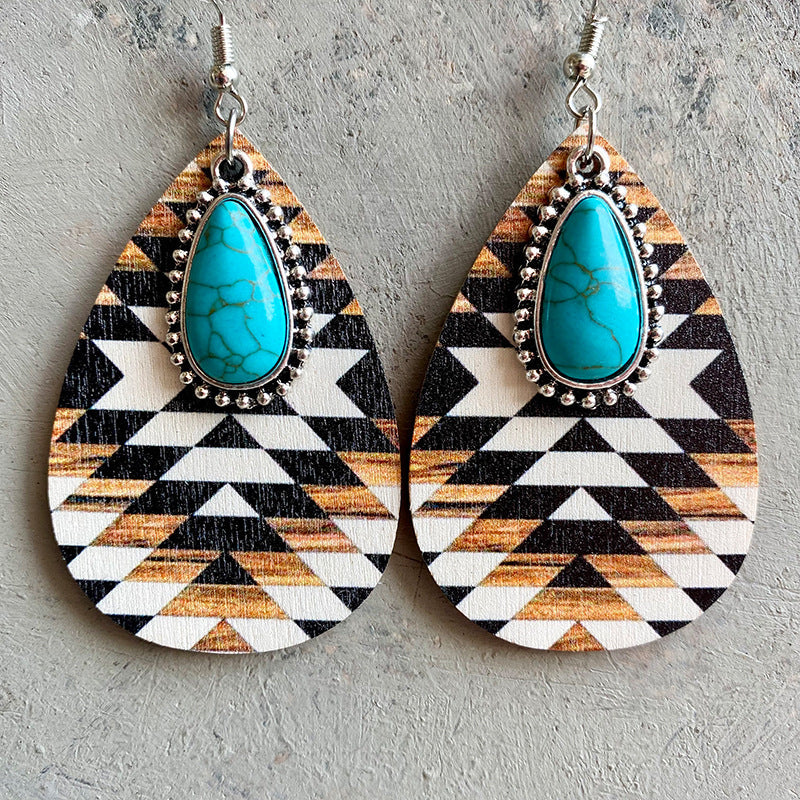 Bohemian Turquoise Teardrop Shape Wooden Dangle Earrings BLUE ZONE PLANET