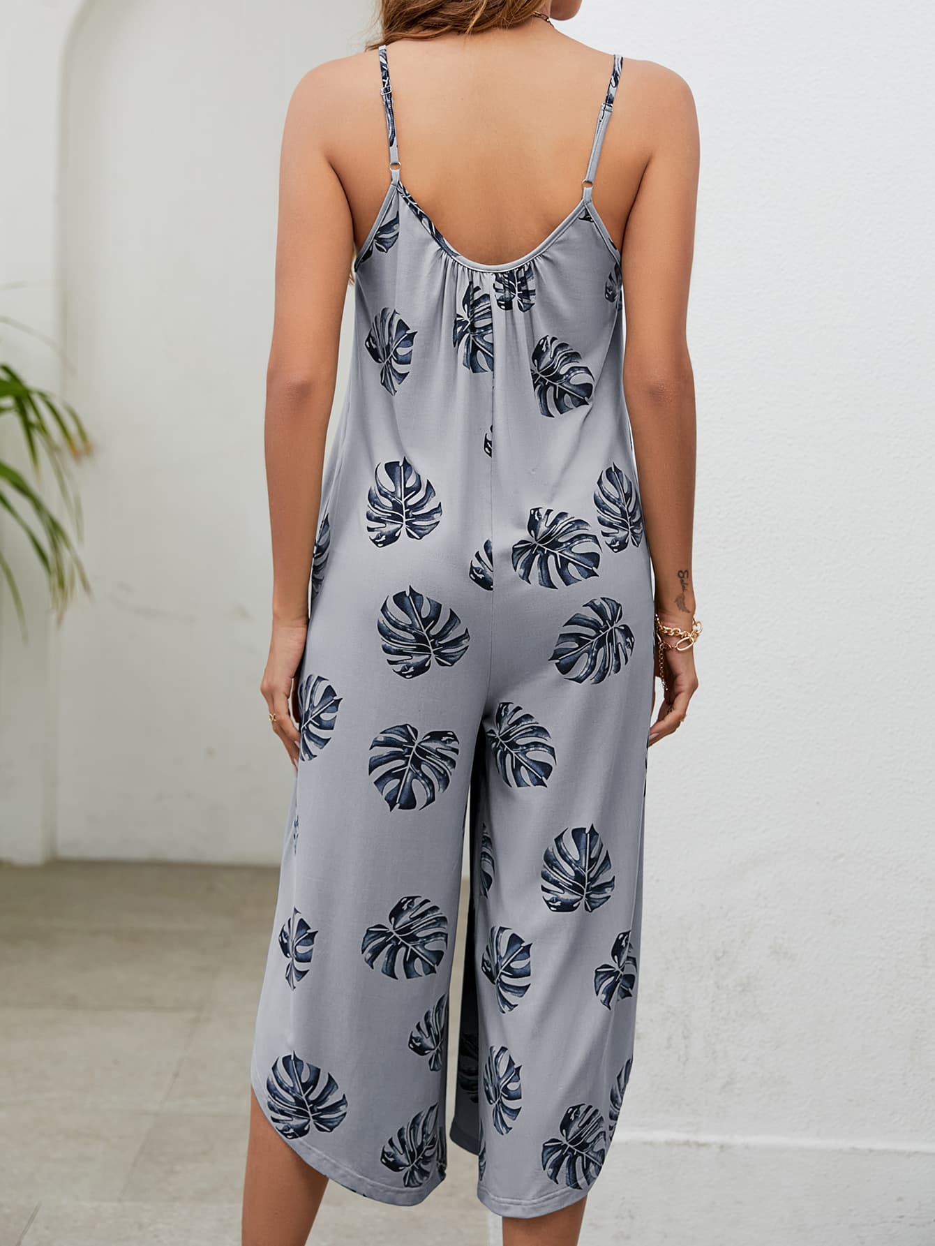 Botanical Print Spaghetti Strap Scoop Neck Jumpsuit BLUE ZONE PLANET