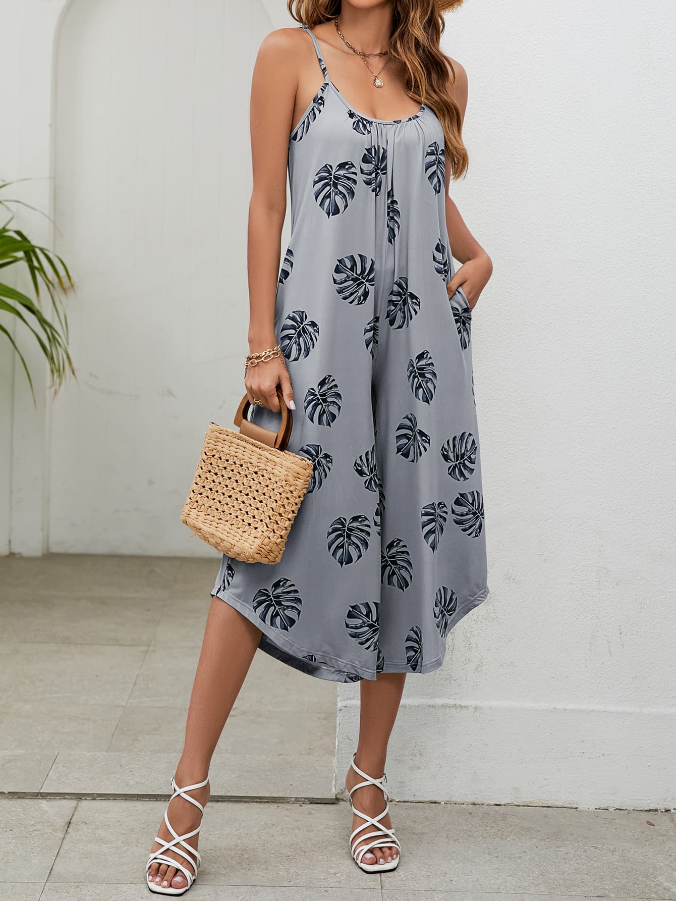 Botanical Print Spaghetti Strap Scoop Neck Jumpsuit BLUE ZONE PLANET