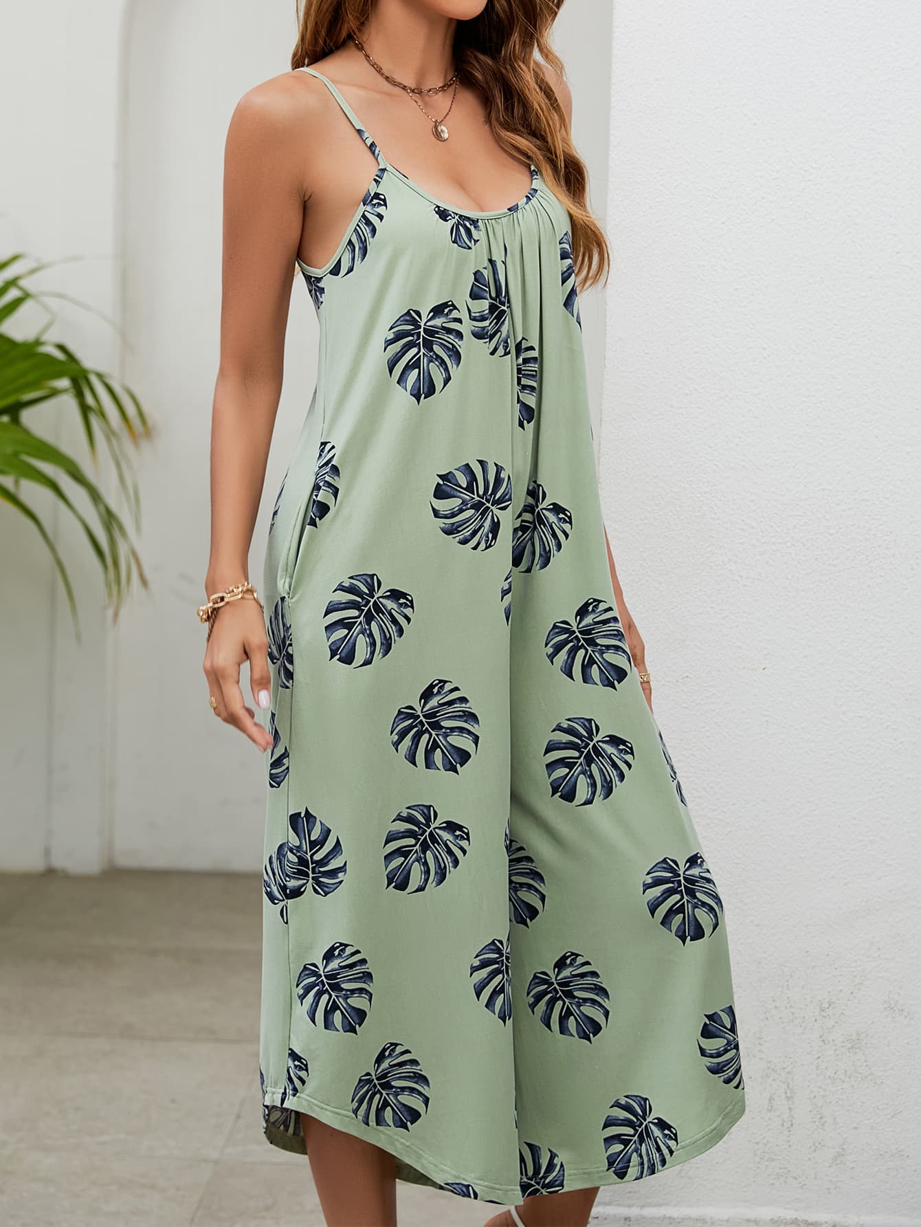 Botanical Print Spaghetti Strap Scoop Neck Jumpsuit BLUE ZONE PLANET