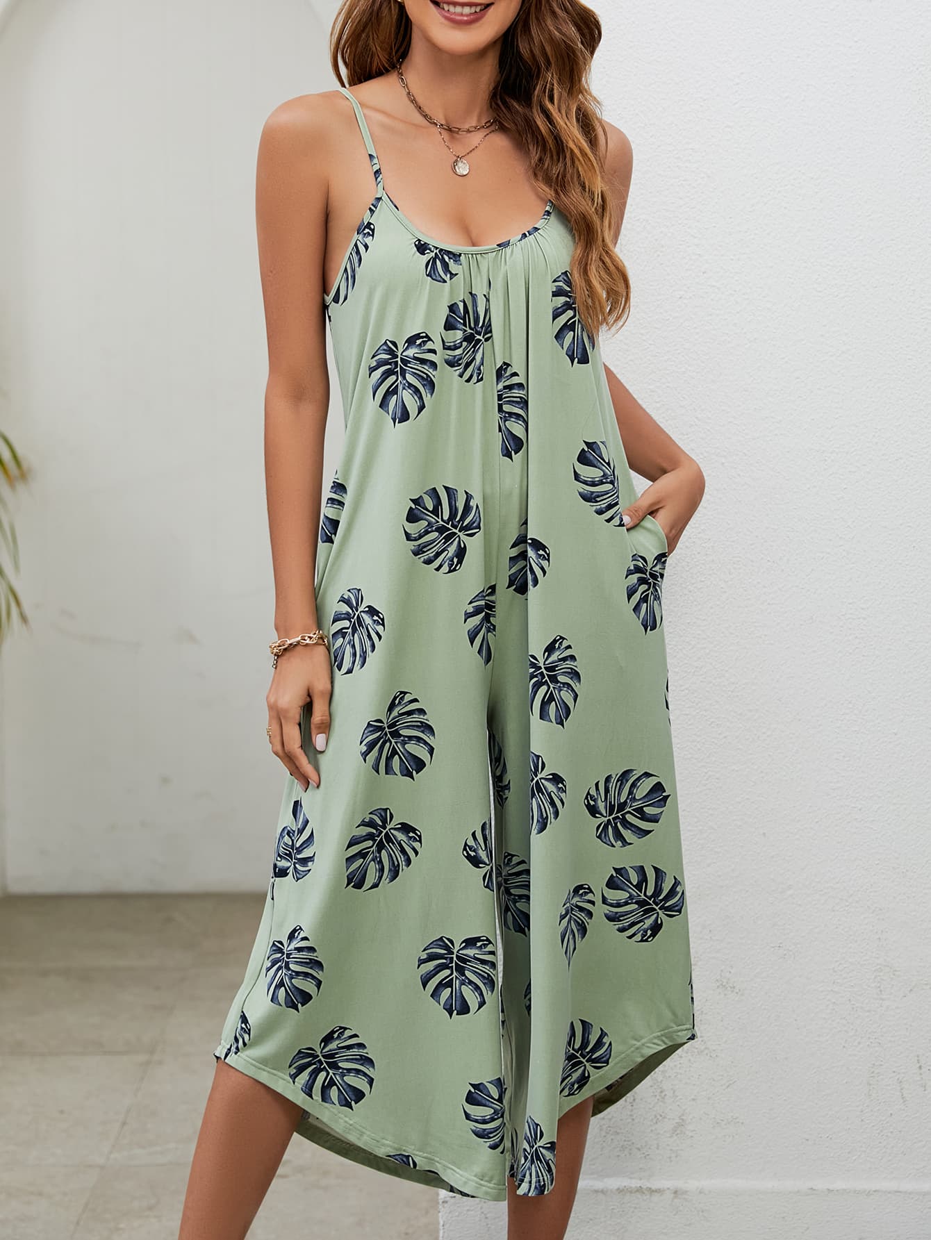 Botanical Print Spaghetti Strap Scoop Neck Jumpsuit BLUE ZONE PLANET