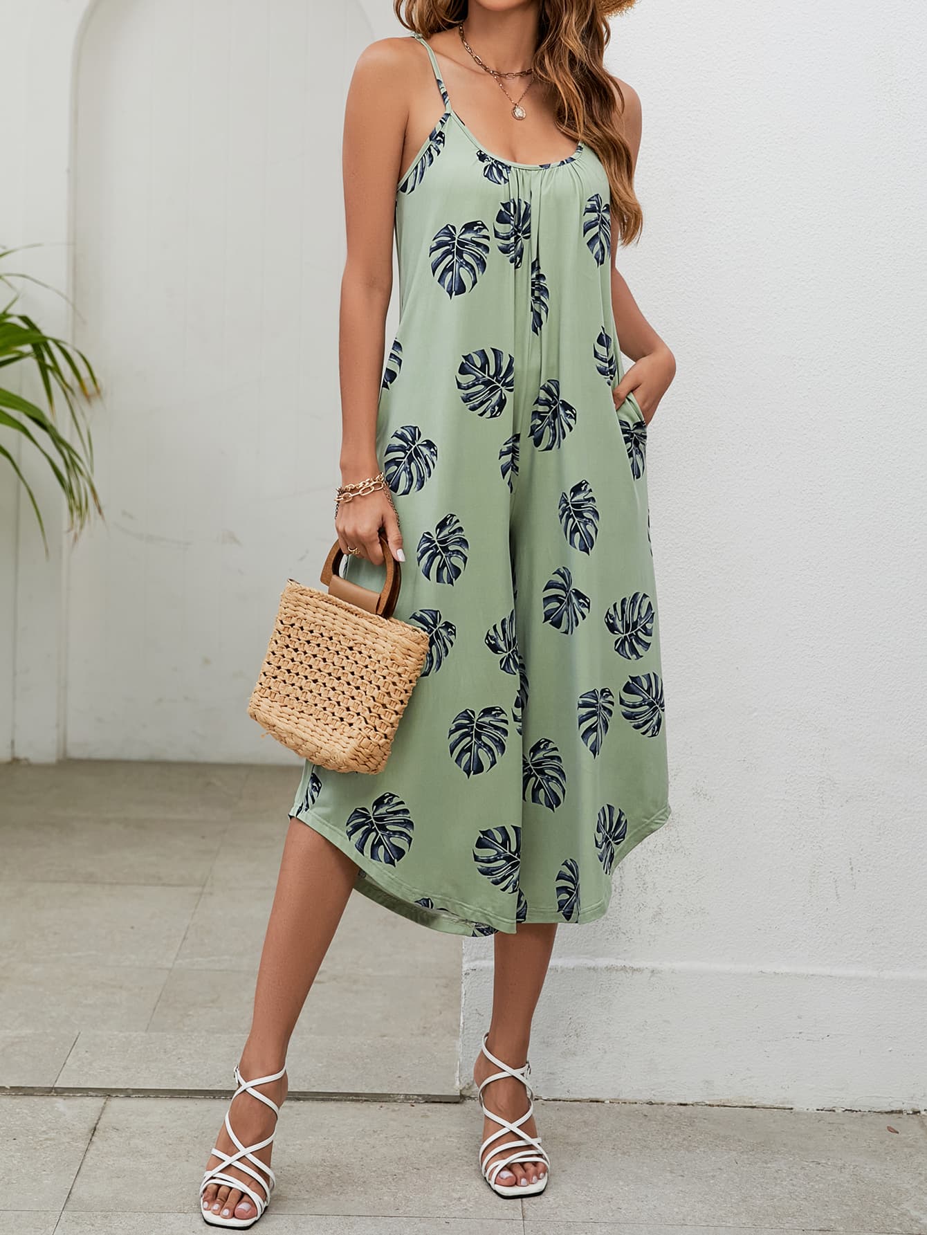 Botanical Print Spaghetti Strap Scoop Neck Jumpsuit BLUE ZONE PLANET