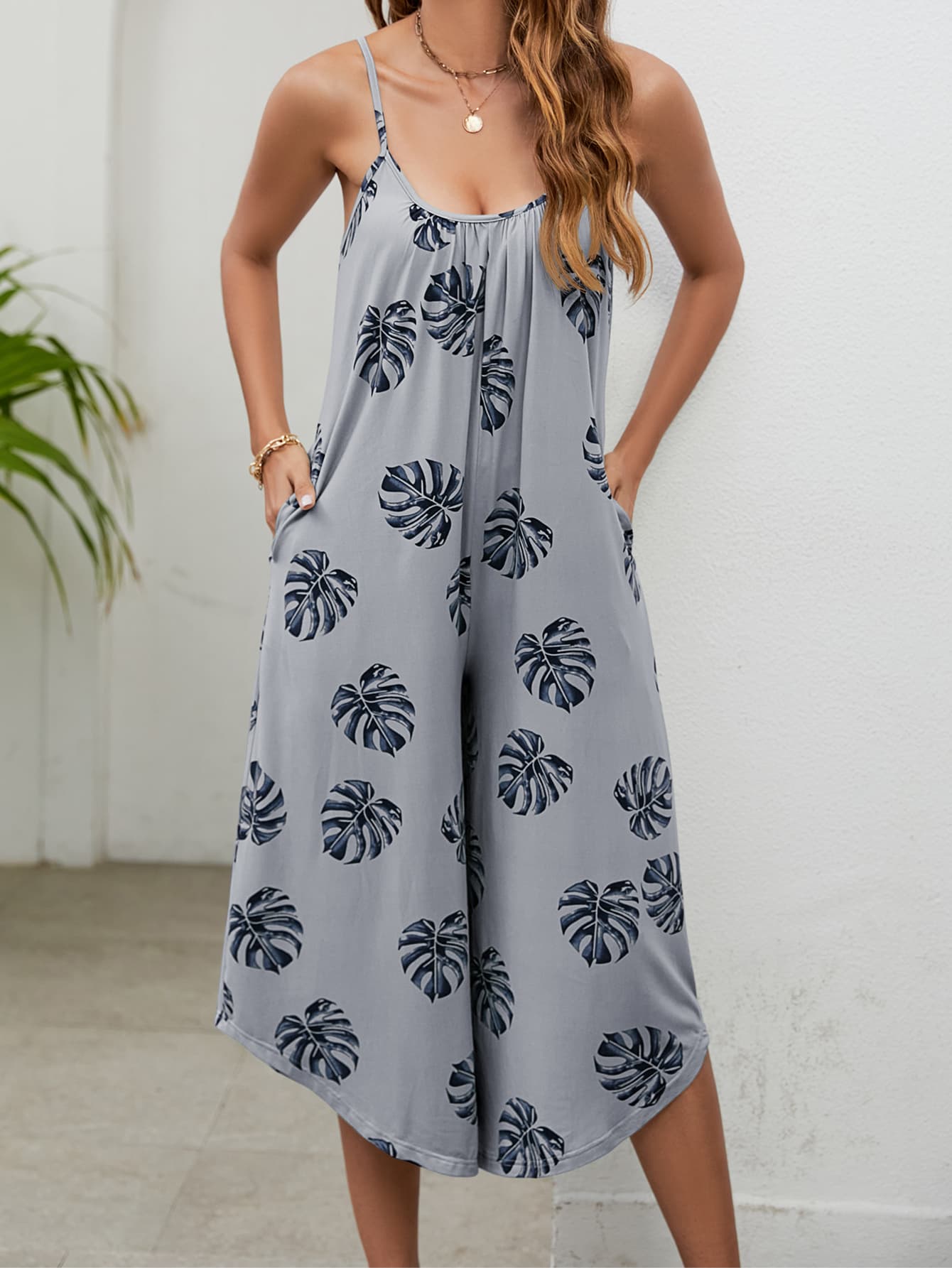 Botanical Print Spaghetti Strap Scoop Neck Jumpsuit BLUE ZONE PLANET