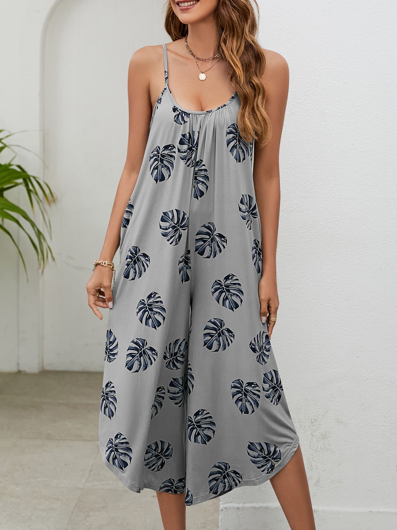 Botanical Print Spaghetti Strap Scoop Neck Jumpsuit BLUE ZONE PLANET