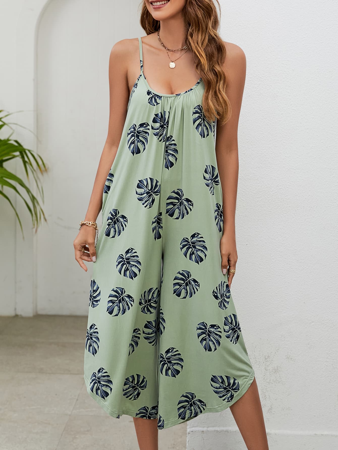 Botanical Print Spaghetti Strap Scoop Neck Jumpsuit BLUE ZONE PLANET