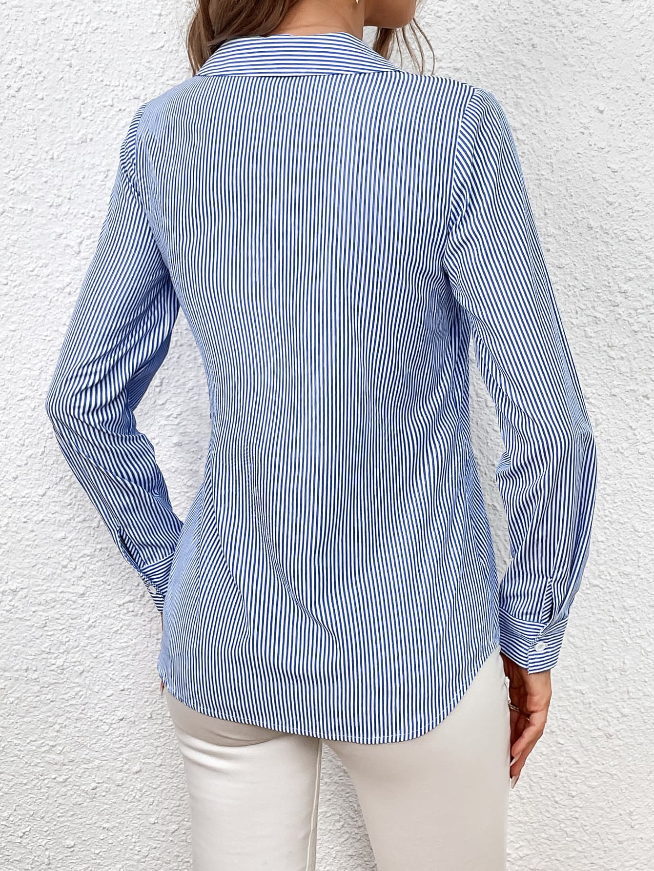 Bow Tie Waist Johnny Collar Neck Striped Blouse BLUE ZONE PLANET