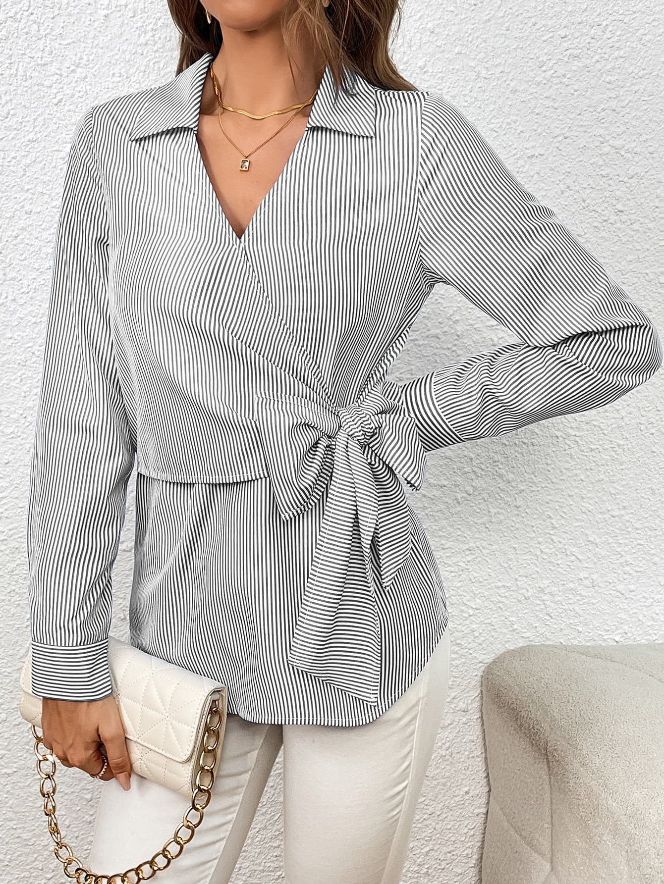 Bow Tie Waist Johnny Collar Neck Striped Blouse BLUE ZONE PLANET