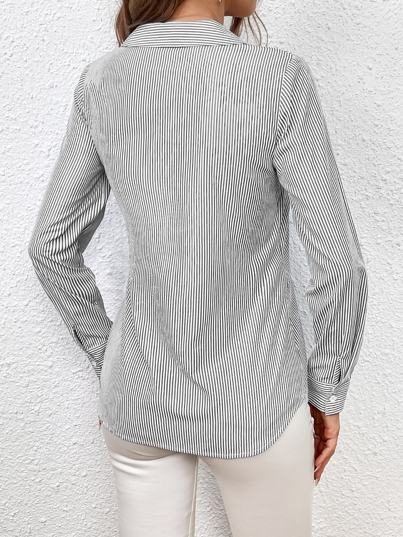 Bow Tie Waist Johnny Collar Neck Striped Blouse BLUE ZONE PLANET