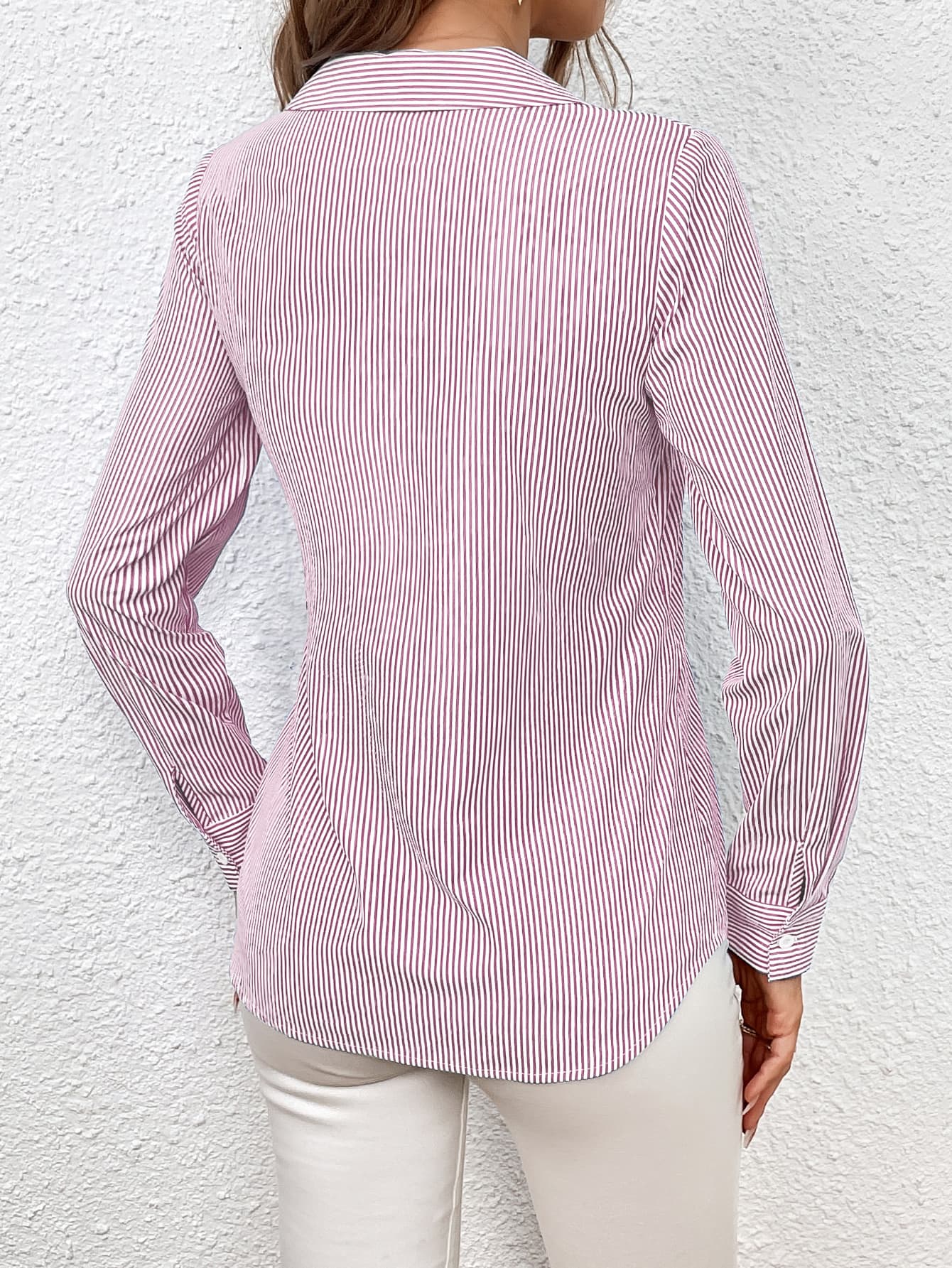 Bow Tie Waist Johnny Collar Neck Striped Blouse BLUE ZONE PLANET