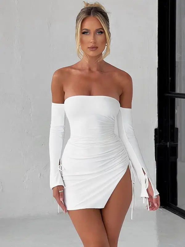 Brianna's Off-Shoulder Chest-Wrapped Bodycon Mini Dress with Slits BLUE ZONE PLANET