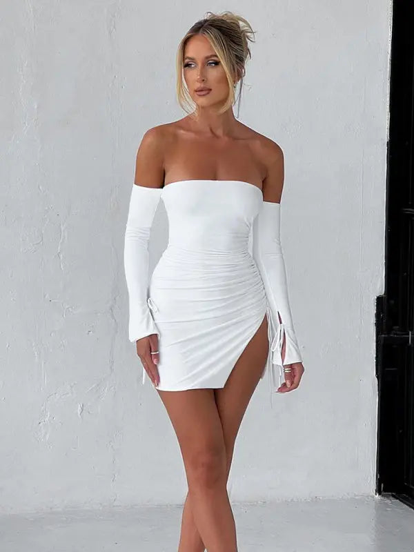 Brianna's Off-Shoulder Chest-Wrapped Bodycon Mini Dress with Slits BLUE ZONE PLANET