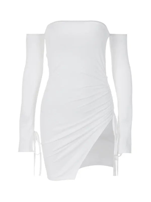 Brianna's Off-Shoulder Chest-Wrapped Bodycon Mini Dress with Slits BLUE ZONE PLANET