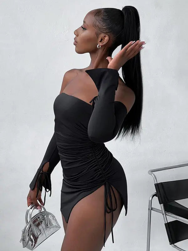 Brianna's Off-Shoulder Chest-Wrapped Bodycon Mini Dress with Slits BLUE ZONE PLANET