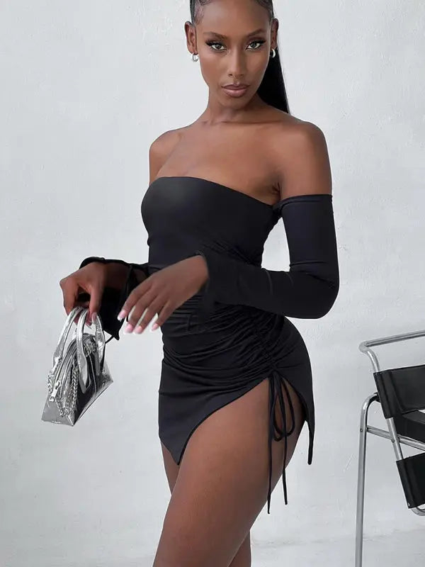 Brianna's Off-Shoulder Chest-Wrapped Bodycon Mini Dress with Slits BLUE ZONE PLANET