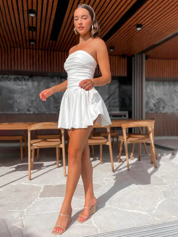 Brooke's Strapless Pleated Solid Color Mini Dress BLUE ZONE PLANET